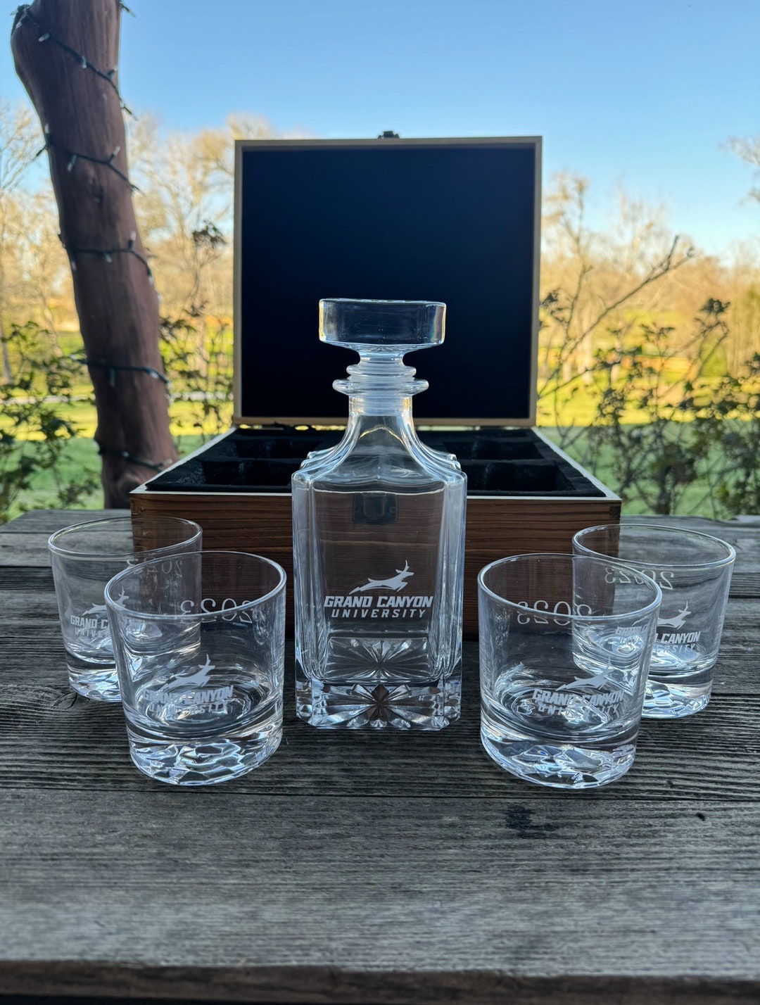 4 Whiskey Glasses Decanter Wooden Box Set Any Colleges Custom Engraved