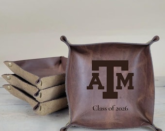 Bandeja de cuero de Texas A&M: regalo personalizado para Aggies, organizador de escritorio personalizado, llavero para joyas, regalo para exalumnos y graduados/plato para anillos