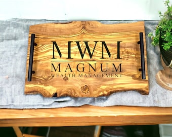Bandeja para servir de madera de olivo con borde natural/16,5″ x 8,5″/Bandeja personalizable/Logotipo del rancho/Regalos corporativos/Regalos de cocina/Regalos de boda/Cualquier logotipo