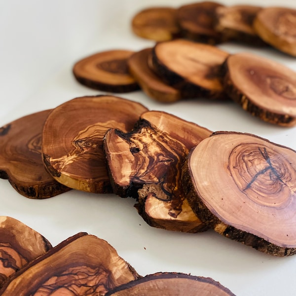 Hand Cut Olive Wood Coasters| Rustic Wooden Coasters| Wooden Coasters| Tree Slice Wooden Coasters| Great For Wedding Gifts| Company Gifts