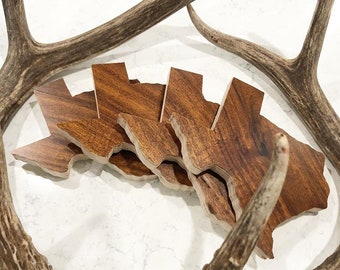Texas Shaped Acacia Wooden Coasters!