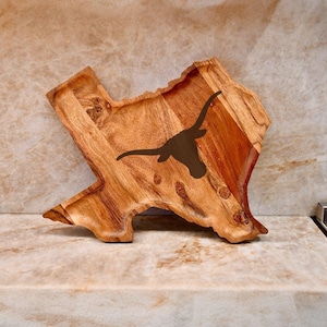 Texas Longhorns Texas-Shaped Serving Tray | UT Engraved Wooden Charcuterie Board | University of Texas Kitchen or Tailgate Gift| UT Parents