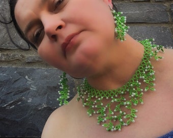 Irish wedding jewelry set, Green wedding multistrand necklace, Prom jewelry set, Trendy earrings