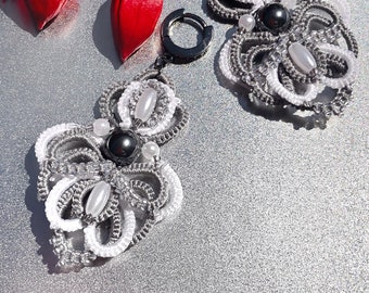 Hematite Earrings, Unique Handmade Earrings, Dangle Drop boho earrings, Dainty grey and white earrings for women