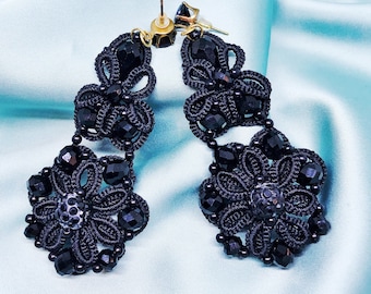 Black earrings, Dangle stud boho earrings, Long Bohemian Gemstone Earrings, Chandelier earrings