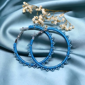 Large blue Hoop stud earrings, Something blue for wedding, Blue beaded earrings, Retro Royal Blue thin Hoop Earrings