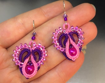 Hot pink earrings, beaded earrings, pink and purple wedding earrings, dainty earrings,