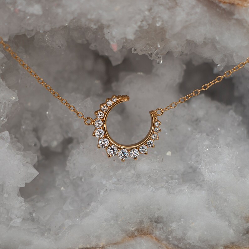 Gold Crescent Moon Necklace Crystal Luna Half Moon Dainty Delicate Charm Small 18K Gold Vermeil Demi Fine Gift For Her Valentines Jewellery