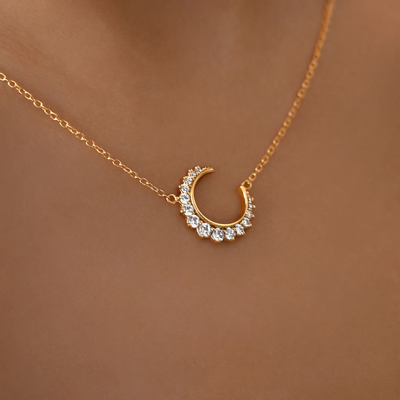 Gold Crescent Moon Necklace Crystal Luna Half Moon Dainty Delicate Charm Small 18K Gold Vermeil Demi Fine Gift For Her Valentines Jewellery