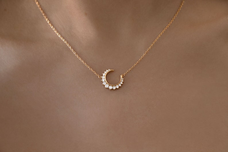 Gold Crescent Moon Necklace Crystal Luna Half Moon Dainty Delicate Charm Small 18K Gold Vermeil Demi Fine Gift For Her Valentines Jewellery