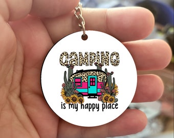 Camping is my Happy Place Keychain, Camping, Keychain, Round Keychain