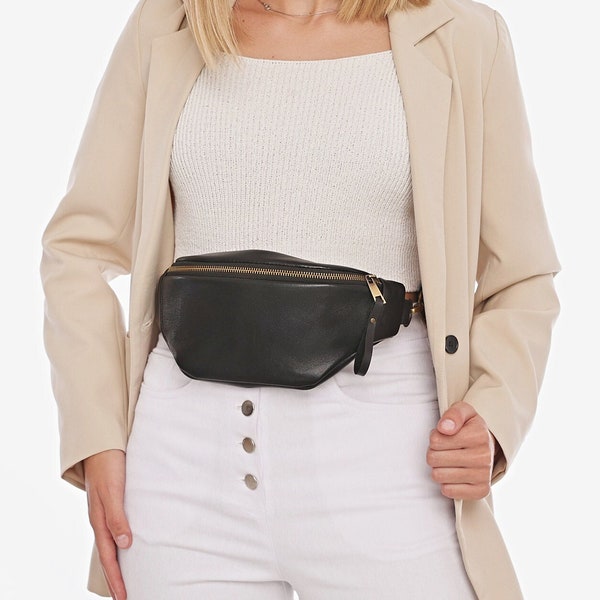 Black Leather Fanny Pack, Belt Bag for Women, Brass & Silver Hardware Pouch