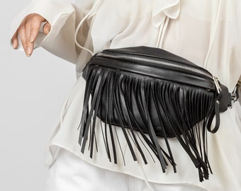 Fringe leather fanny pack women Western belt bag Festival boho bag Leather belt pouch women Leather fringe purse Rave stadium bag