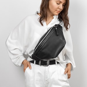 Large Leather Sling Bag | Custom Fanny Packs for Women | Crossbody Sling Bag | Black Plus Size Fanny Pack | Hip Bag Belt