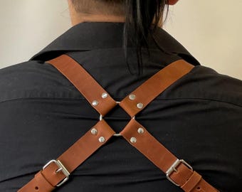 Men's Brown Leather Suspenders Harness, Wedding Groomsmen Braces