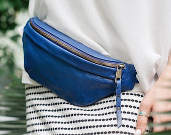 Blue leather fanny pack for woman Belt bag Belly bag gold zipper Small waist bag Hip bag women Leather belt pouch Navy blue leather bum bag
