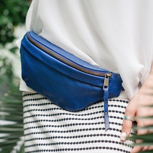 Blue leather fanny pack for woman Belt bag Belly bag gold zipper Small waist bag Hip bag women Leather belt pouch Navy blue leather bum bag