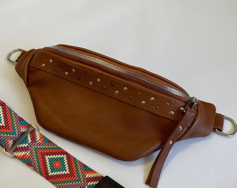 Cognac small leather crossbody bag Studded sling bag women Chest bag Custom fanny pack Personalized leather bum bag Waist bag Hip bag