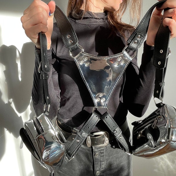 Sac holster holographique Sacs bandoulière Holster utilitaire avec double pochette Sac festival sous les bras Gilet Burning man avec étui