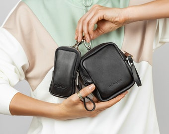 Leather Coin Purse with Zipper & Carabiner, Phone Strap with Small Pouch