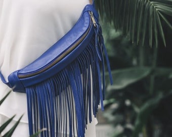 Blue leather crossbody bag Festival bum bag with fringe Small sling bag for women Fringe sling bag Boho chic bag Leather fringe purse