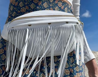 Boho White Leather Fringe Fanny Pack, Convertible Crossbody & Belt Bag for Festival or Rave