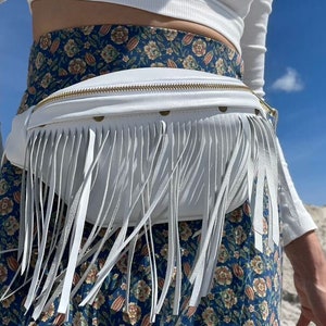 Boho Leder Bauchtasche | Weiße Fransen Geldbörse | Taille Hüfttasche Damen | Benutzerdefinierte Braut Geldbörse | Weiss Leder Gürteltasche |  Boho Gürteltasche Franse