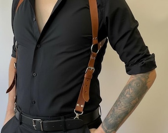 Wedding Thin Brown Leather Suspenders, Fiance Gift for Him, Adjustable Mens Harness