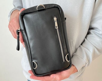 Black leather sling bag women Leather small travel bag Crossbody dumpling Soft leather sling backpack Crossbody sling bag Leather chest bag