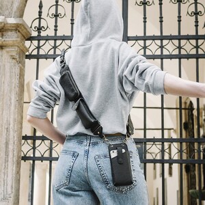 Funda de cuero vegano para el hombro y teléfono Bolso bandolera tipo bandolera de cuero sintético para teléfono celular Cinturón con bolsillos Funda para teléfono