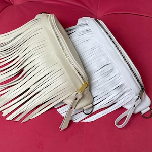 Black Leather Waist Bag, Small Fanny Pack for Women, Fringe Banana Bag Festival Beige