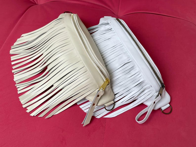 Black Leather Waist Bag, Small Fanny Pack for Women, Fringe Banana Bag Festival Beige