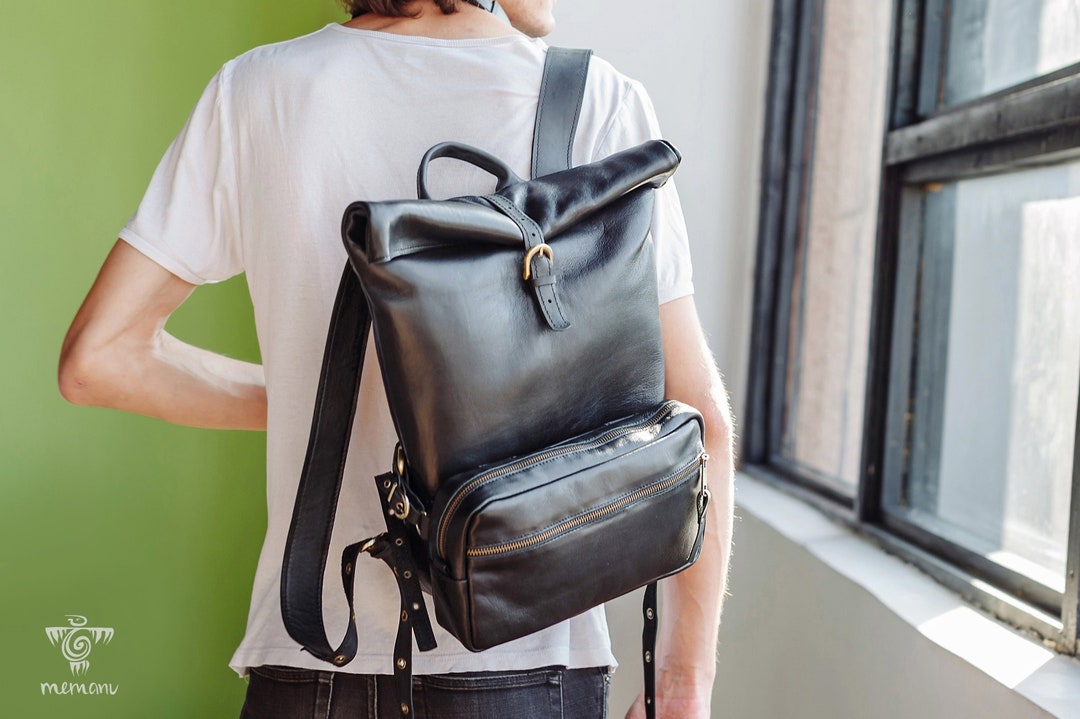 Roll Top Backpack Black Leather Backpack Men Medium Backpack - Etsy