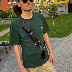 Funda para teléfono celular tipo bandolera para hombre Bolso bandolera de cuero Correa de uso: billetera para teléfono Estuche para anteojos de sol Regalo de viaje para novio