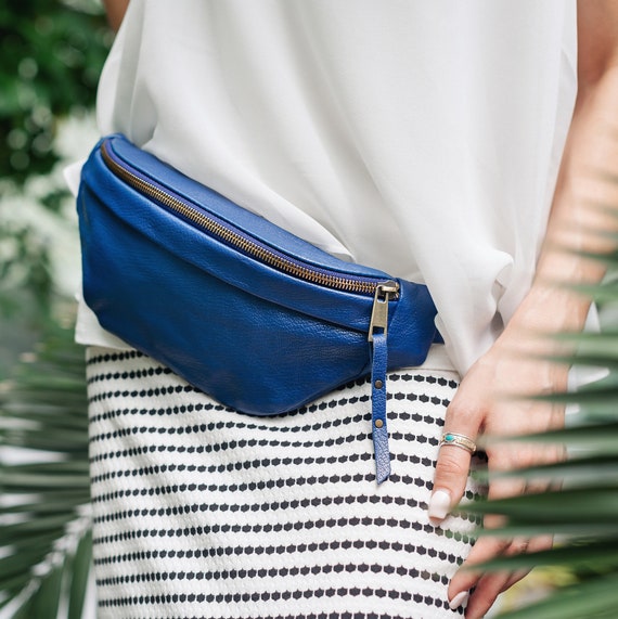 Blue Leather Fanny Pack Chest Pack Hip Bum Bag Cell | Etsy