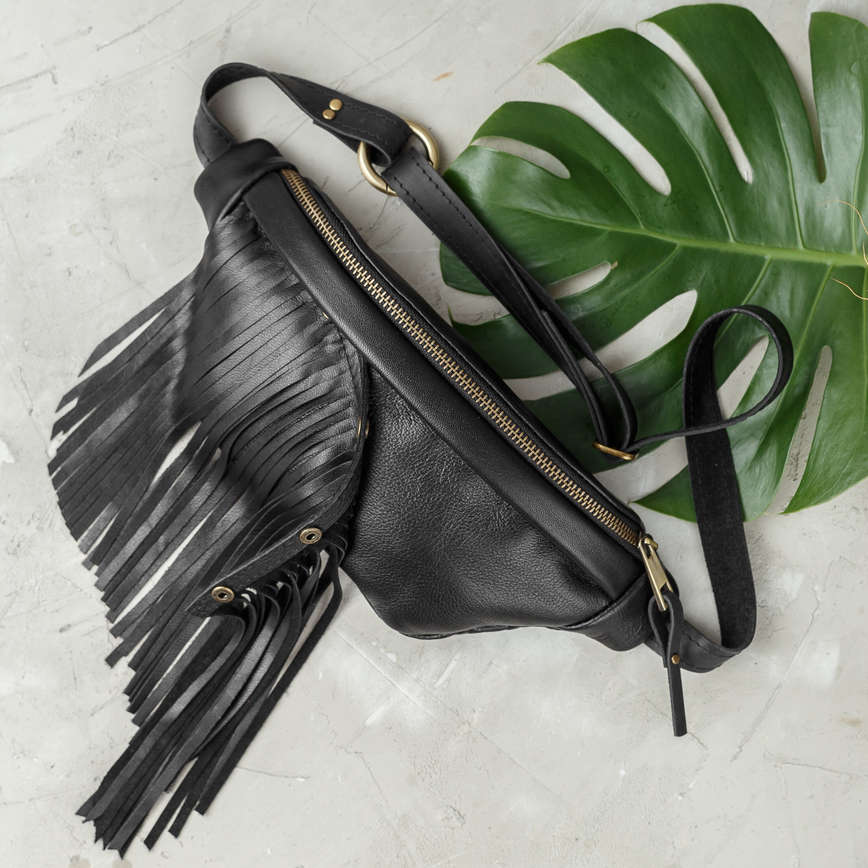 Black Leather Hip Belt Bag Women Fringe Waist Purse Etsy