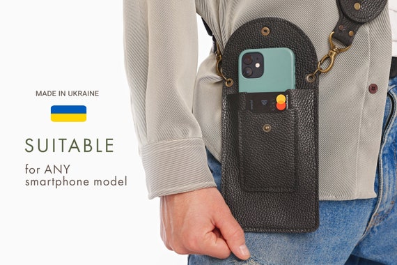 Vertical Cell Phone Pouch with Utility Strap, Leather Phone Crossbody Bag, Leather Phone Holder