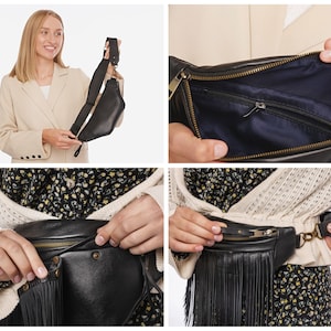 May include: A black leather fanny pack featuring a long fringe detail on the front, a gold-toned metal zipper closure, and an adjustable black fabric strap. The interior is lined with dark blue fabric and includes a zippered pocket for storage.