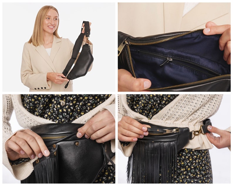 May include: A black leather fanny pack featuring a long fringe detail on the front, a gold-toned metal zipper closure, and an adjustable black fabric strap. The interior is lined with dark blue fabric and includes a zippered pocket for storage.
