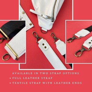 May include: White leather bag straps with gold-tone hardware and black textile straps. The image shows two strap options: full leather and textile with leather ends. The straps are displayed on a red background.