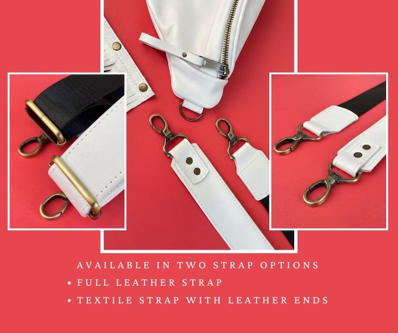 May include: White leather bag straps with gold-tone hardware and black textile straps. The image shows two strap options: full leather and textile with leather ends. The straps are displayed on a red background.