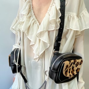 Bolso bandolera de piel con estampado de leopardo, monedero con cadena y estampado animal, funda para teléfono para festival, arnés para rave de Burning Man, cinturón multiusos