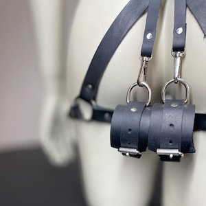 Butt harness belt with restraints Leather handcuffs Women bondage set Thigh hip harness Sex lingerie harness Leather waist harness Mature
