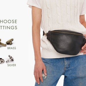 Genuine leather fanny pack men Black leather belt bag women Fanny pack adjustable strap Large bum bag Belly bag with brass & silver hardware