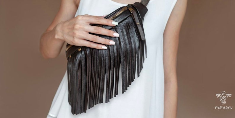 Brown Leather Fringe Fanny Pack for Women, Western Festival Belt Bag, Boho Crossbody Bag image 1