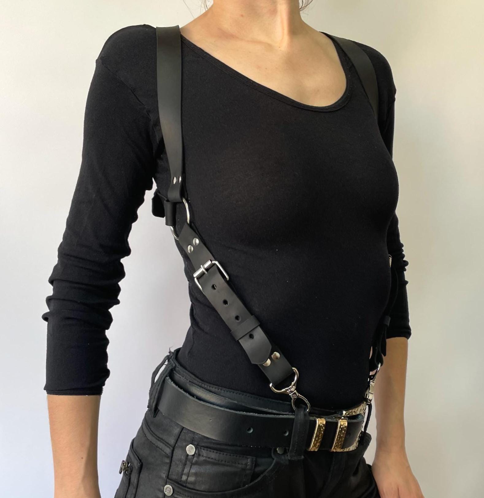 Black Leather Double Harness Suspender Belt with Metal Buckles New Double Buckle Belt Harness – Leather Fashion Harness  main image 2