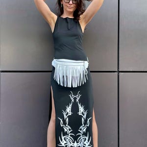 Black Leather Waist Bag, Small Fanny Pack for Women, Fringe Banana Bag Festival image 4