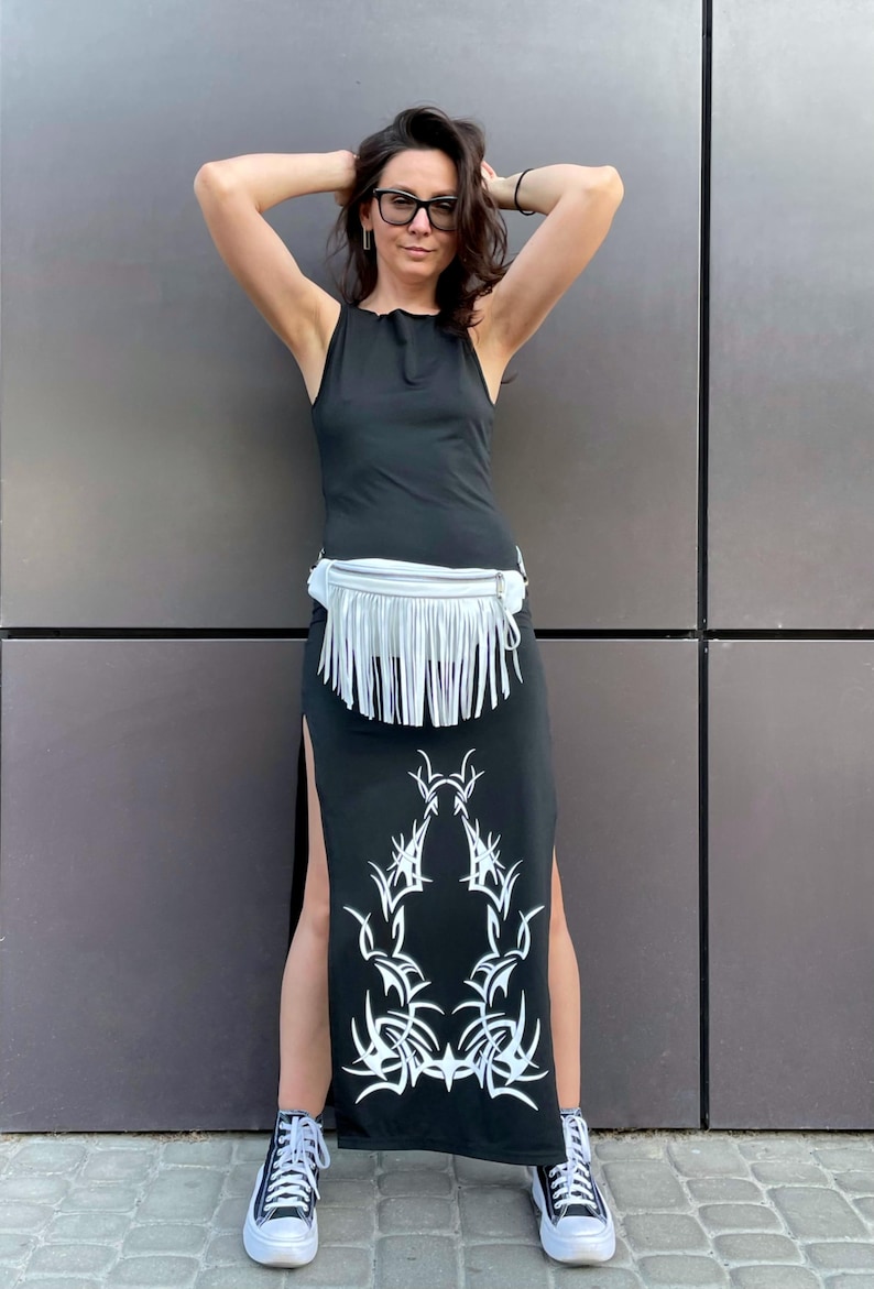 Black Leather Waist Bag, Small Fanny Pack for Women, Fringe Banana Bag Festival image 4