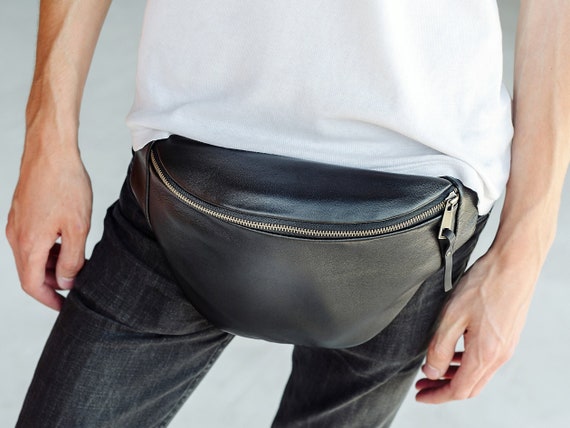 Mens Leather Hip Bag Black Belt Pouch Plus Size Fanny Pack 