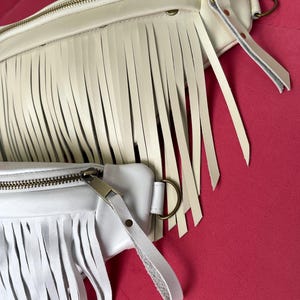 Black Leather Waist Bag, Small Fanny Pack for Women, Fringe Banana Bag Festival image 8